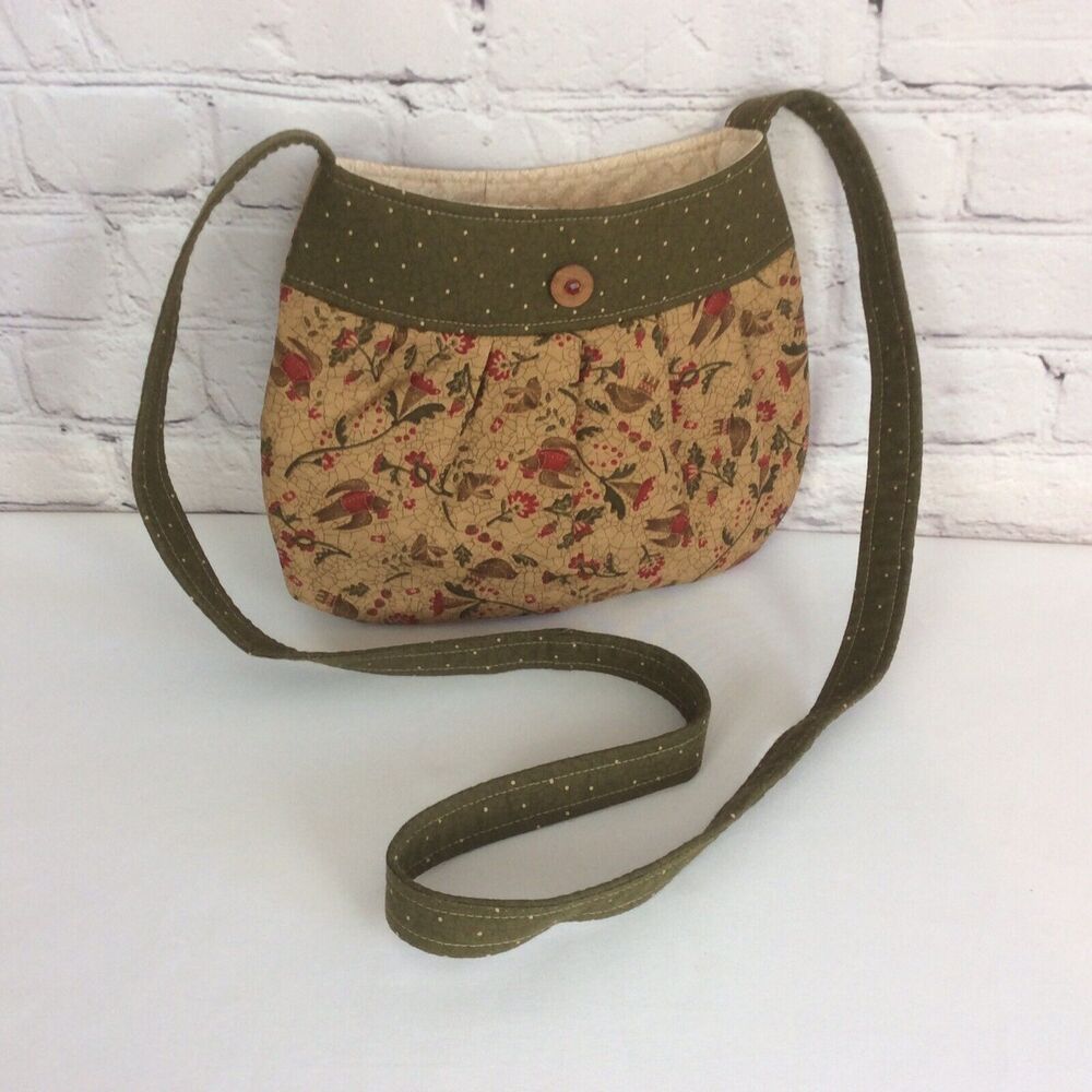 Handmade Crossbody Shoulder Bag Tan/Olive Green/Burgundy Floral/Birds/Polka Dots